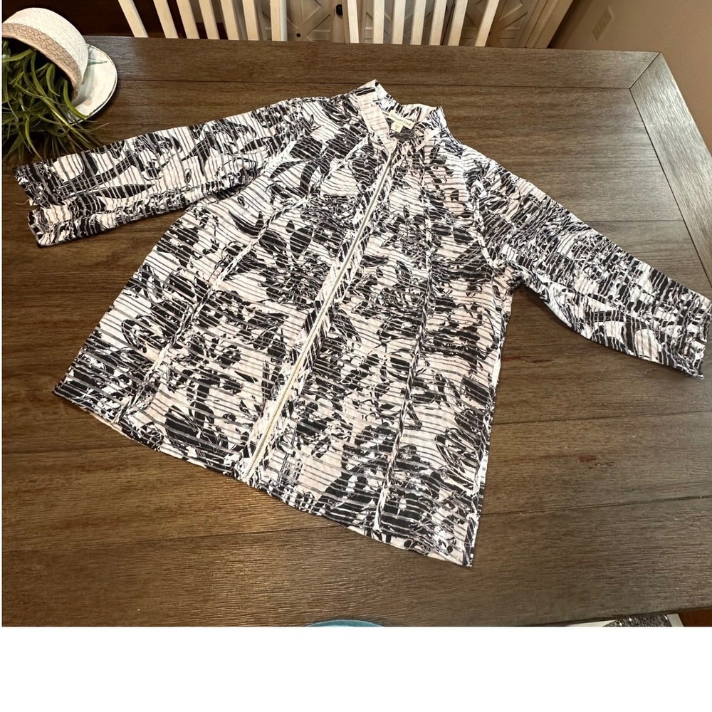 Coldwater Creek Tafetta Black White Floral Print Zip Up Blouse Jacket‎ Womens 18